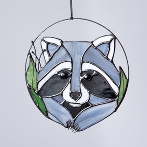 Raccoon Suncatcher. Gray Stained glass Animal. Home House Decor. Wall Window Hangings Stain Glass Art Decoration, Christmas gift