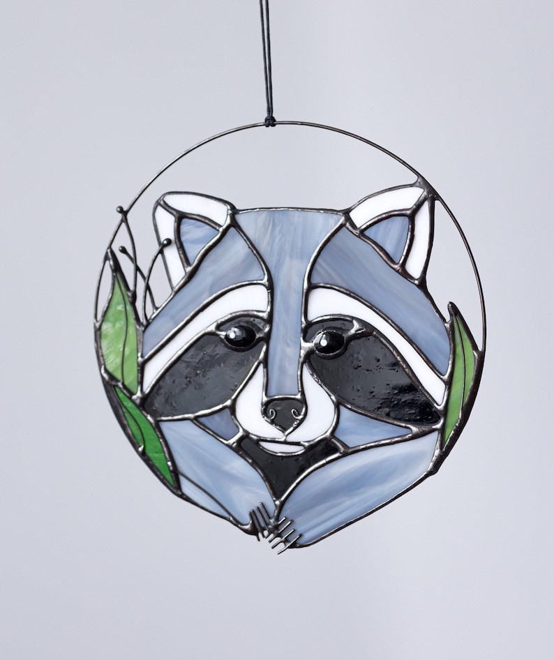 Raccoon Suncatcher. Gray Stained glass Animal. Home House Decor. Wall Window Hangings Stain Glass Art Decoration, Christmas gift