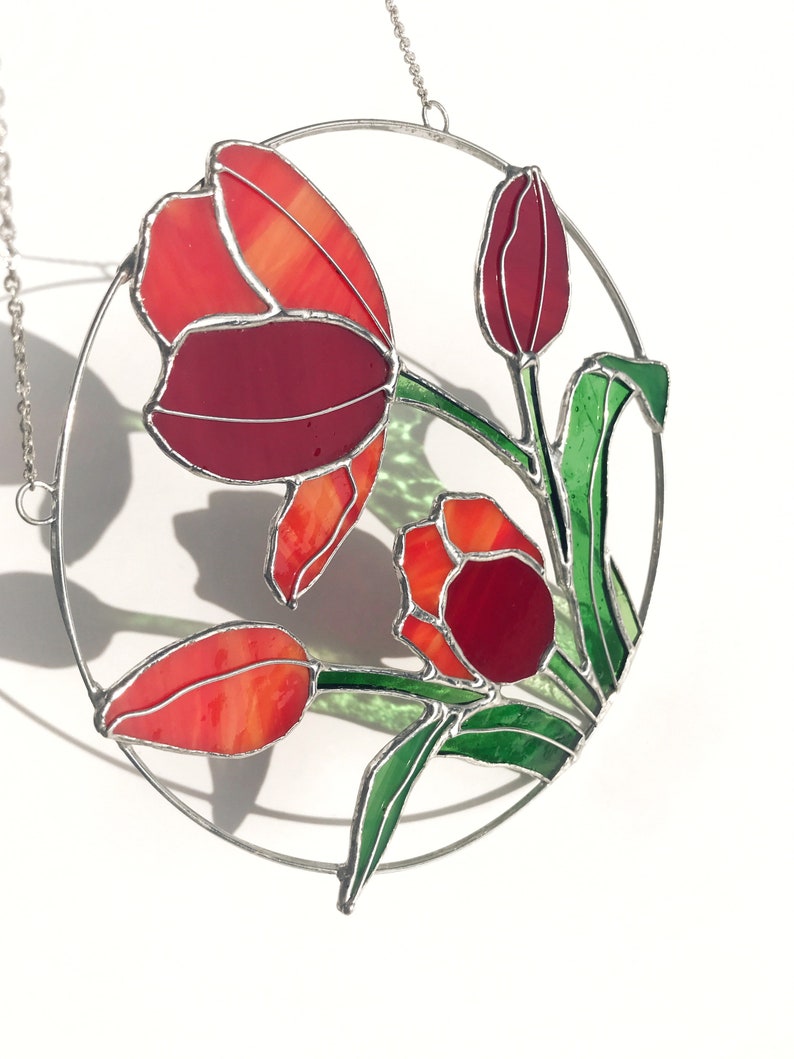 Red Flower Suncatcher Tulip. Stained glass Home Decor Panel Pendant Spring Decoration Window Wall Hangings, Mothers gift