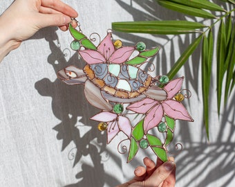 Stained Glass Pink Turtle with Flowers - Home Patio Hanging Panel | Sea Theme Suncatcher | Kid's Room Decor