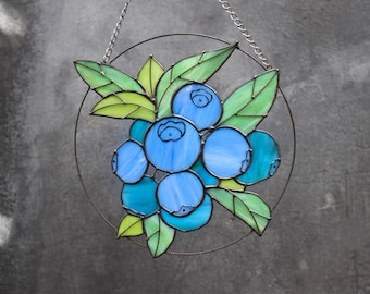 Blueberry blue Suncatcher. Stained glass Home Decor Panel Window Wall Teacher Hangings. Bilberry Huckleberry mothers day gift