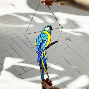 Mother's day gift, Blue Parrot Suncatcher Bird. Home House Pendant. Wall Window Hangings Stained glass Art Decor grandma gift