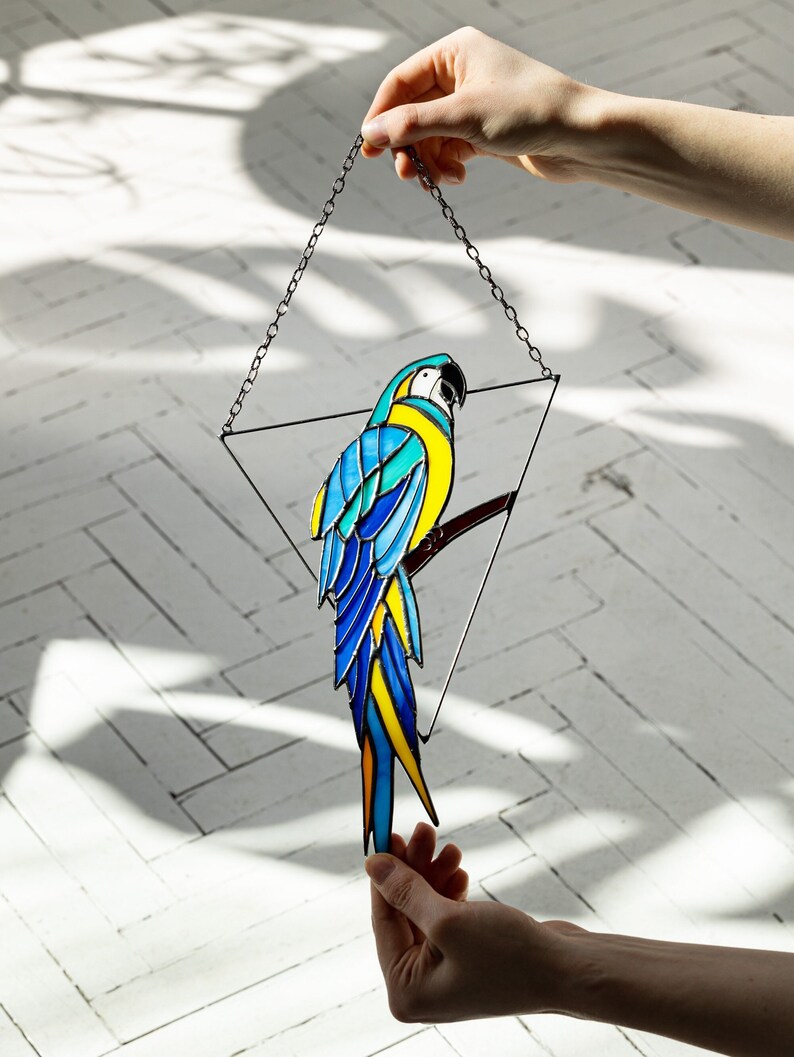 Mother's day gift, Blue Parrot Suncatcher Bird. Home House Pendant. Wall Window Hangings Stained glass Art Decor grandma gift