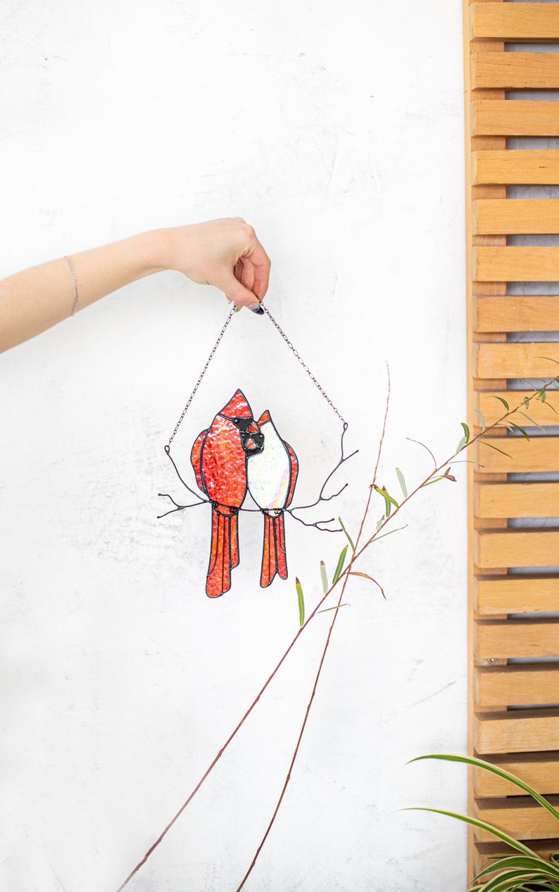 Stained glass Red Lover Bird Cardinal Nature Ornament Spring House Decor Suncatcher Home wall window Hangings Art Valentines Pendant