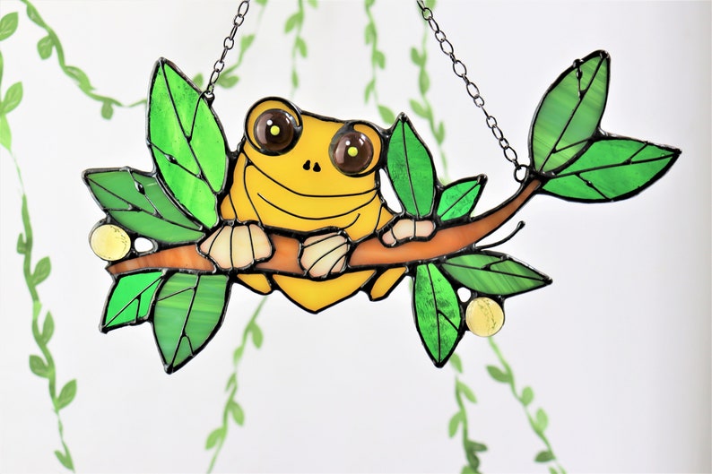 Suncatcher Frog. Yellow Nature Ornament Animal. Home House Pendant. Wall Window Hanging Stained Glass Art Decor. Housewarming gift