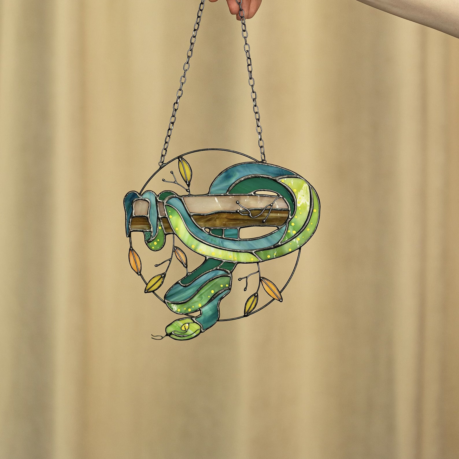 Snake Window Display Stained Glass Snake Suncatcher - Green Window Hanging Decor - Mother's ...