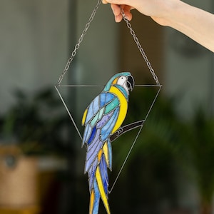 Mother's day gift, Blue Parrot Suncatcher Bird. Home House Pendant. Wall Window Hangings Stained glass Art Decor grandma gift