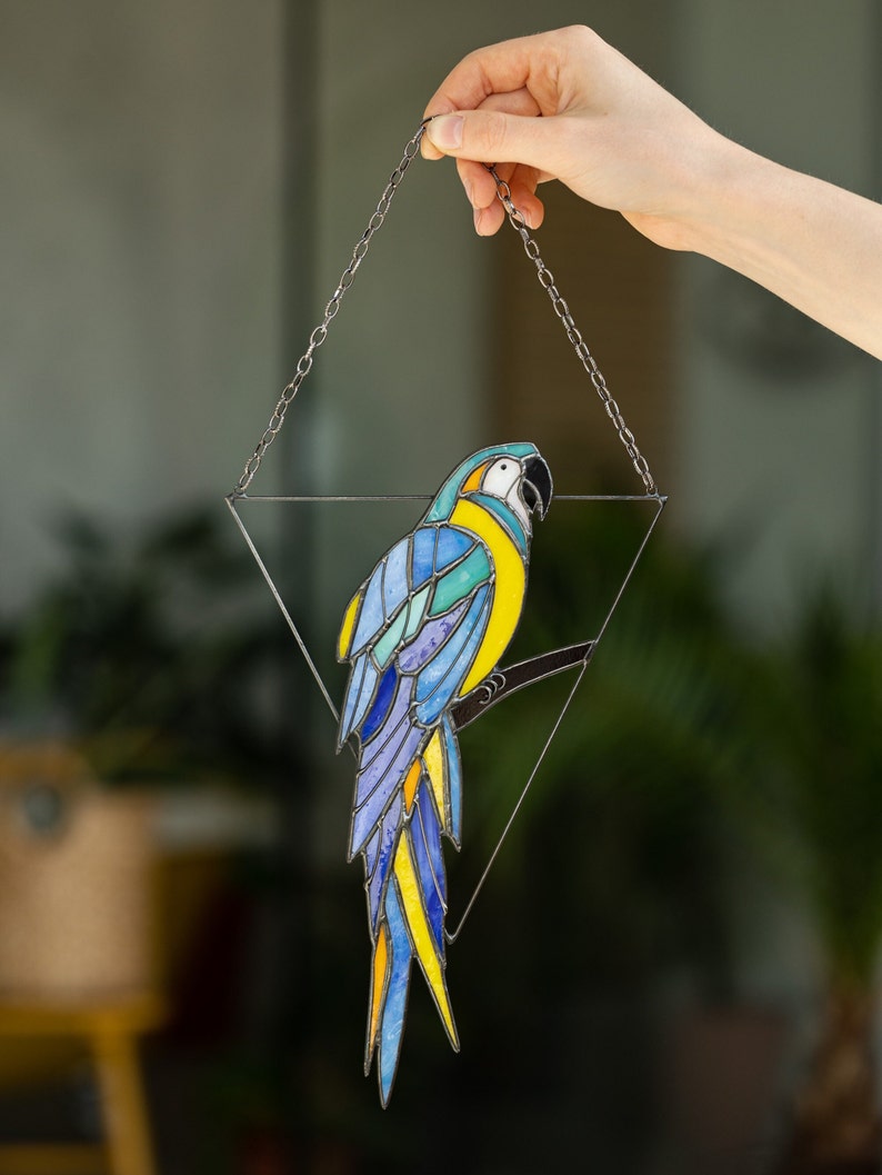 Mother's day gift, Blue Parrot Suncatcher Bird. Home House Pendant. Wall Window Hangings Stained glass Art Decor grandma gift