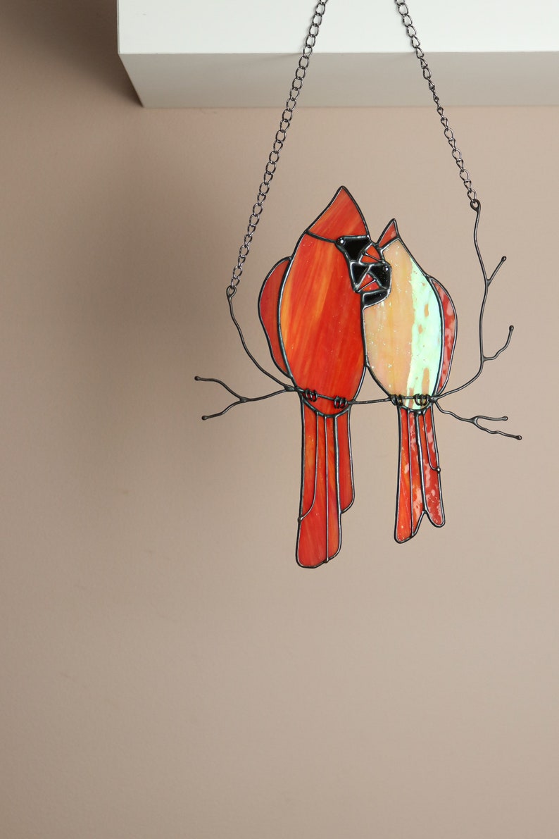 Stained glass Red Lover Bird Cardinal Nature Ornament Spring House Decor Suncatcher Home wall window Hangings Art Valentines Pendant