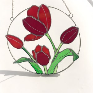 Red Flower Suncatcher Tulip. Stained glass Home Decor Panel Pendant Spring Decoration Window Wall Hangings, Mothers gift