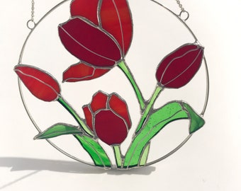 Red Flower Suncatcher Tulip. Stained glass Home Decor Spring Decoration Window Wall Hangings, Mothers grandma gift