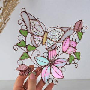 Pink Suncatcher Monarch Butterfly Flowers Stained Glass Picture Home House Decor Window Wall Hanging Light Cling Grandma gift