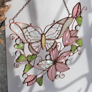 Pink Suncatcher Monarch Butterfly Flowers Stained Glass Picture Home House Decor Window Wall Hanging Light Cling Pendant Grandma gift