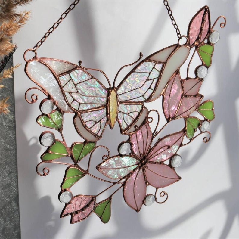 Pink Suncatcher Monarch Butterfly Flowers Stained Glass Picture Home House Decor Window Wall Hanging Light Cling Pendant Grandma gift