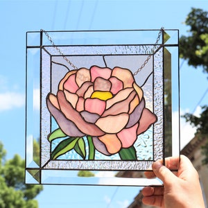 Peony Flower Pink Suncatcher. Stained glass Home Decor Panel Pendant Garden Window Wall Hangings Gift. Mother’s day gift