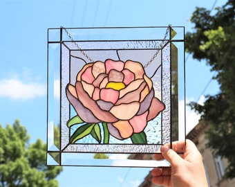 Peony Flowers Hanging Panel | Real Glass Pink Suncatcher | Patio New Home Spring Decor | Mother's Day Gift