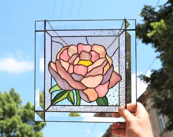 Peony Flower Pink Suncatcher. Stained glass Home Decor Panel Pendant Garden Window Wall Hangings Gift. Mother’s day gift