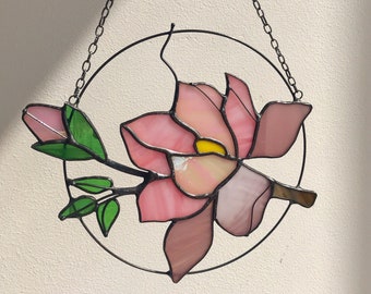 Pink Flower Suncatcher Magnolia. Home Decor. Window Wall Hangings Light Cling. Stained glass Mothers gift