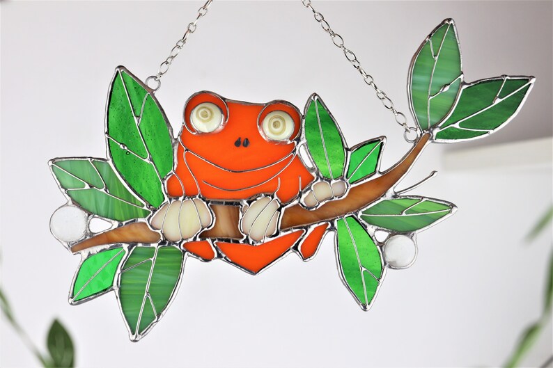 Suncatcher Frog. Orange Animal. Home House Pendant. Wall Window Hanging Stained Glass Art Decor. Housewarming gift