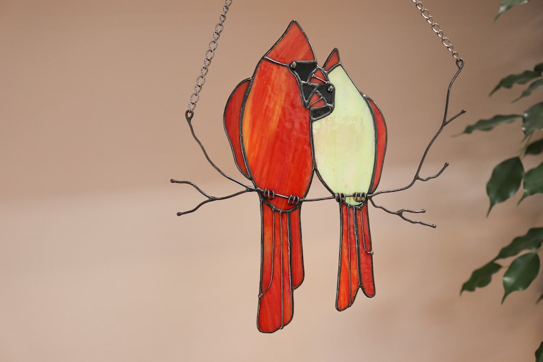 Stained glass Red Lover Bird Cardinal Nature Ornament Spring House Decor Suncatcher Home wall window Hangings Art Valentines Pendant