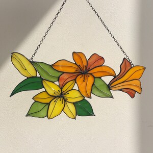 Orange Yellow Lily Suncatcher Flower. Stained glass Spring decoration Home Decor Panel Window Wall Hangings. Mothers gift