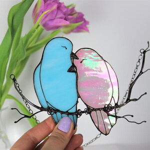 Decor Pink Blue Lover Bird Nature Ornament Spring Stained Glass House Suncatcher Home wall window Hangings Art Cling Pendant Valentines gift