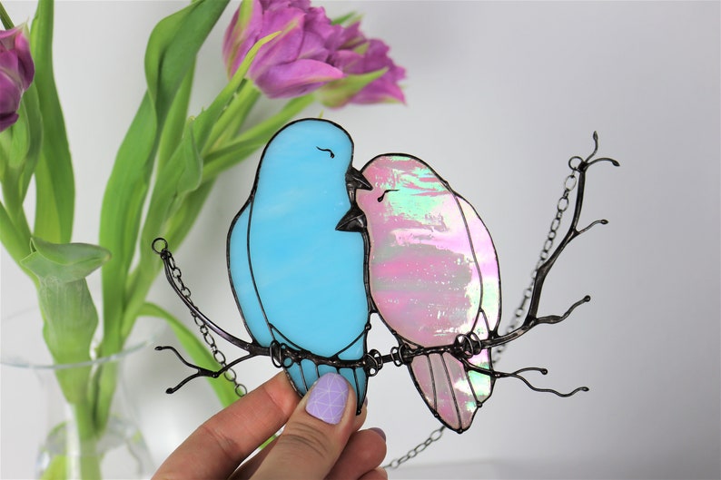 Decor Pink Blue Lover Bird Nature Ornament Spring Stained Glass House Suncatcher Home wall window Hangings Art Cling Pendant Valentines gift