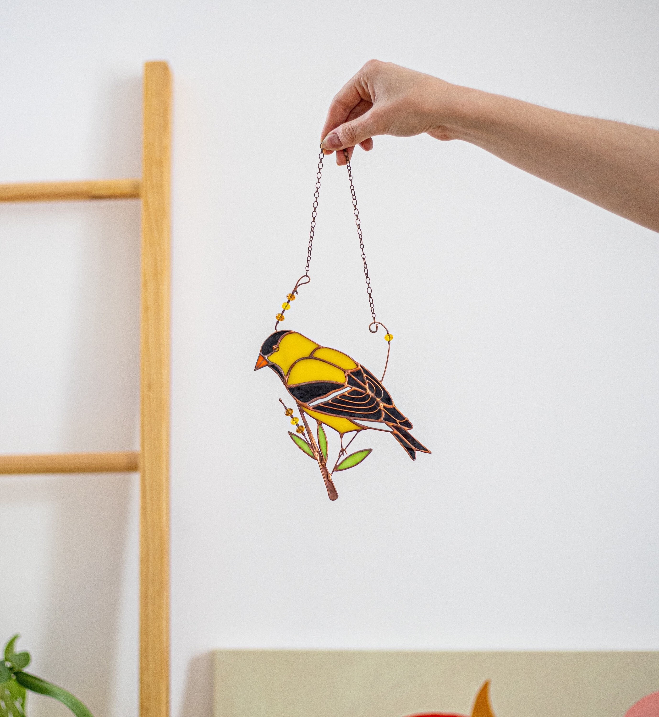 Gold Finch Stain Glass Bird Pan Yellow Suncatcher Home Decor Nature Ornament Garden Window Wall Hangings Light Cling Black Click Carduelis