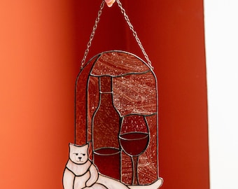 Suncatcher Cat Wine Funny Stain Glass Picture Home House Decor Ornament Spring Window Wall Hanging Cling Pendant Mothers gift