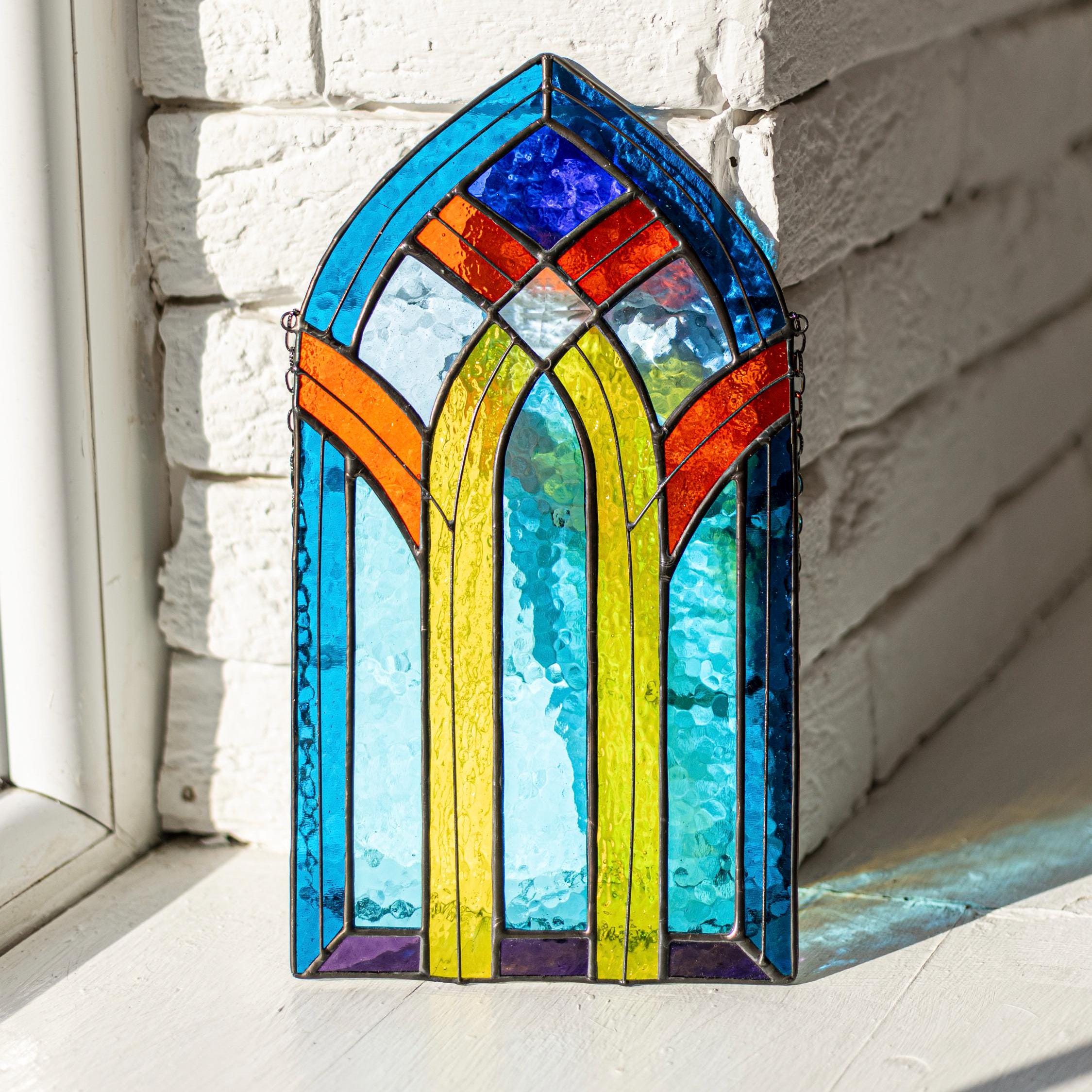 Stained Glass Window Panel, Gothic Arch Suncatcher, Colorful Glass