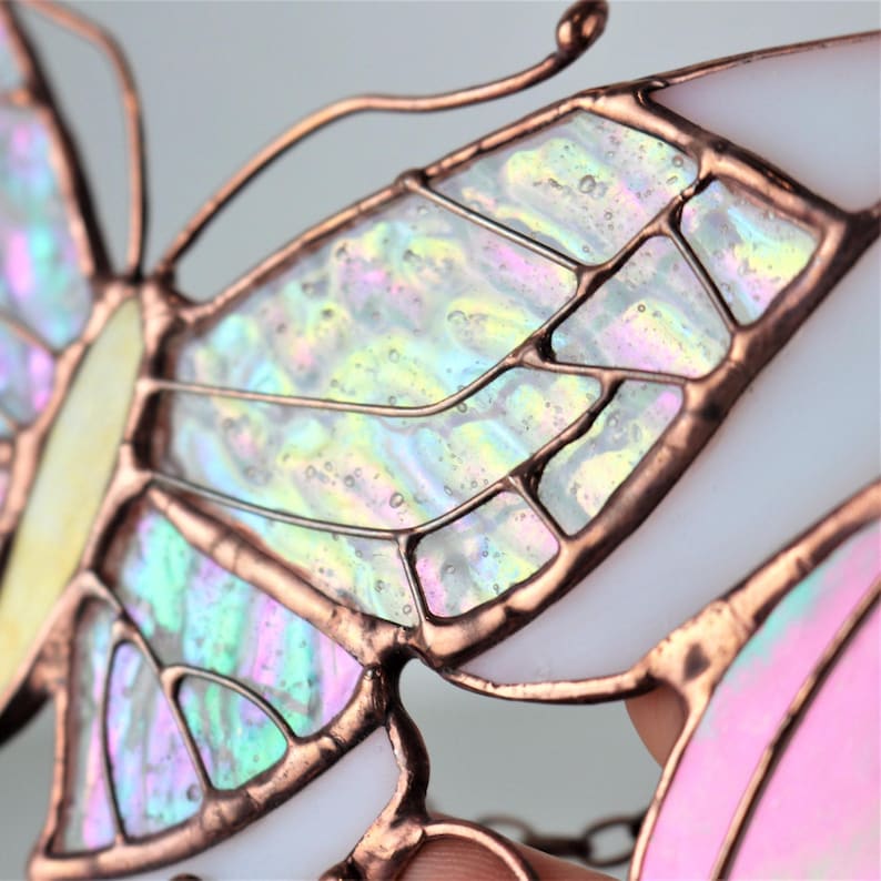 Pink Suncatcher Monarch Butterfly Flowers Stained Glass Picture Home House Decor Window Wall Hanging Light Cling Pendant Grandma gift