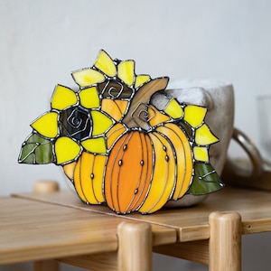Pumpkin with Sunflowers Real Glass Suncatcher | Grandma Gift