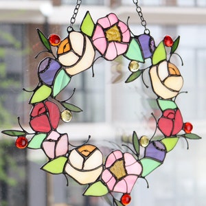 Stained Glass Flower Door Wreath - Romantic Colorful Custom Made Wall Window Hanging Floral Art - Christmas Gift
