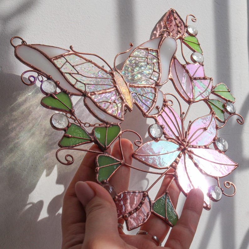 Pink Suncatcher Monarch Butterfly Flowers Stained Glass Picture Home House Decor Window Wall Hanging Light Cling Pendant Grandma gift