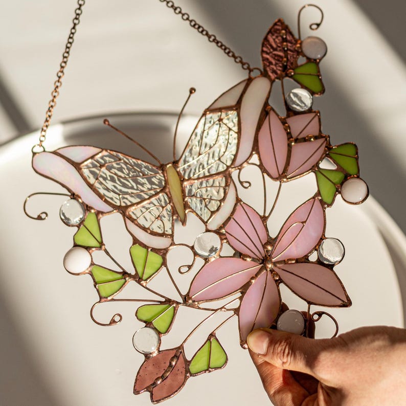 Stained Glass Butterfly Suncatcher – Pink Floral Window Hanging – Spring Garden Decor – Unique Gift for Mom