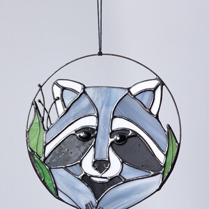 Raccoon Suncatcher. Gray Stained glass Animal. Home House Decor. Wall Window Hangings Stain Glass Art Decoration