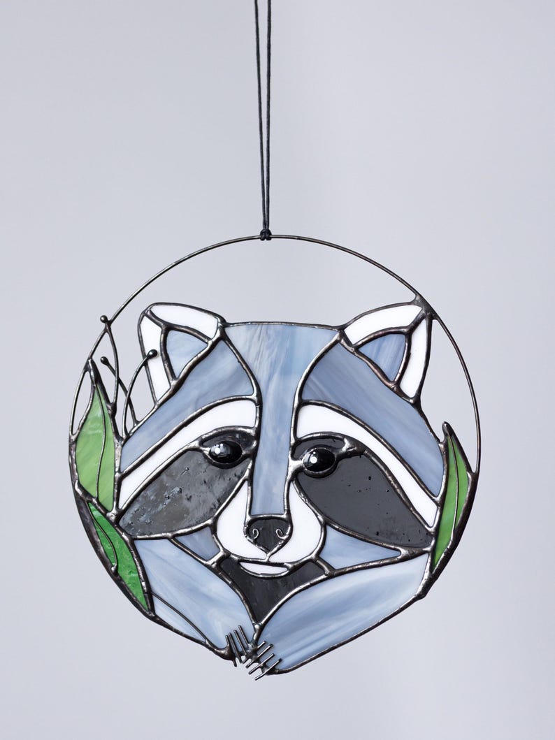Raccoon Suncatcher. Gray Stained glass Animal. Home House Decor. Wall Window Hangings Stain Glass Art Decoration