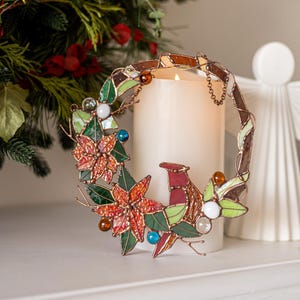 Red Wreath Flower Bird Suncatcher Home Decor Nature Ornament Window Wall Hangings Cling Art Stain Glass