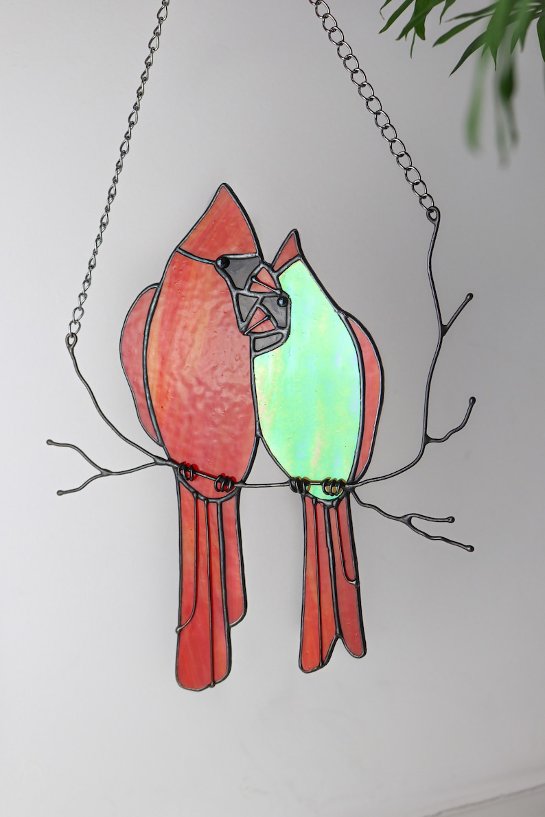 Stained glass Red Lover Bird Cardinal Nature Ornament Spring House Decor Suncatcher Home wall window Hangings Art Valentines Pendant