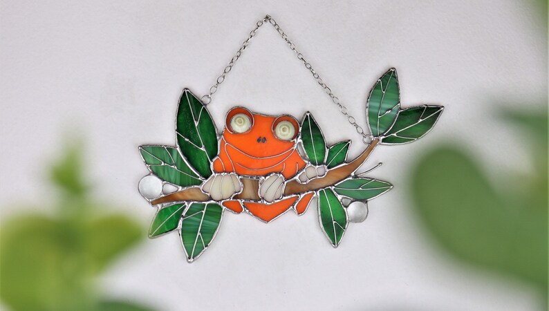 Suncatcher Frog. Orange Nature Ornament Animal. Home House Pendant. Wall Window Hanging Stained Glass Art Decor. Housewarming gift