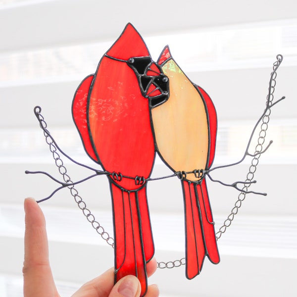 Stained glass Red Lover Bird Cardinal Spring House Decor Suncatcher Home wall window Hangings Art Valentines Gift Pendant