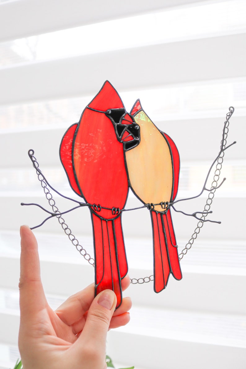 Stained glass Red Lover Bird Cardinal Nature Ornament Spring House Decor Suncatcher Home wall window Hangings Art Valentines Pendant