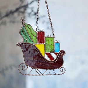 Christmas gifts cart Stained glass Christmas decorations Wall window hangings Suncatcher New year gift art