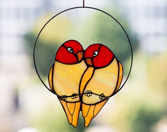 Yellow parrots two sun catcher Bird. Orange Home Garden Decor Nature Ornament House Sunbeam Panel Pendant Wall Window Hangings Stain Glass