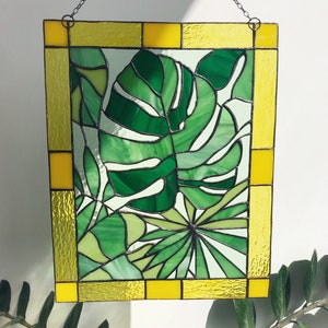 Monstera Leaf Panel Green Plant Suncatcher Stain Glass Picture Home House Decor Nature Ornament Spring Window Wall Hanging Cling