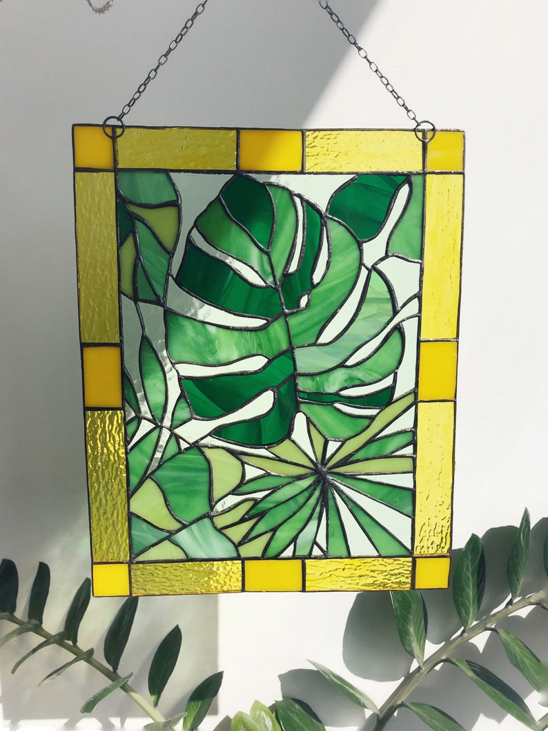 Monstera Leaf Panel Green Plant Suncatcher Stain Glass Picture Home House Decor Nature Ornament Spring Window Wall Hanging Cling