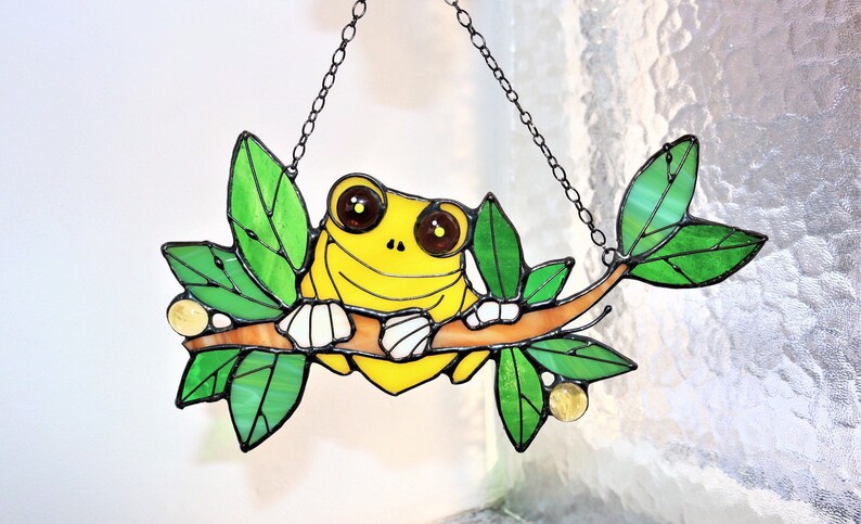 Suncatcher Frog. Yellow Nature Ornament Animal. Home House Pendant. Wall Window Hanging Stained Glass Art Decor. Housewarming gift