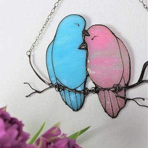 Decor Pink Blue Lover Bird Nature Ornament Spring Stained Glass House Suncatcher Home wall window Hangings Art Cling Pendant Valentines gift