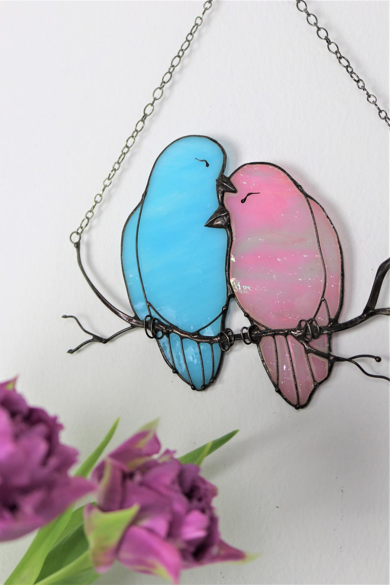 Decor Pink Blue Lover Bird Nature Ornament Spring Stained Glass House Suncatcher Home wall window Hangings Art Cling Pendant Valentines gift