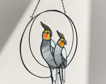 Gray couple parrots two sun catcher Bird. House Decor Nature Garden Home Sunbeam Panel Pendant Wall Window Hangings Stain Glass